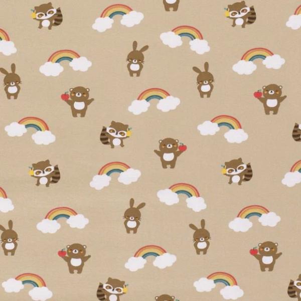 Baumwoll Jersey Waschbären, Hasen und Bären mit Regenbogen auf Hellbraun